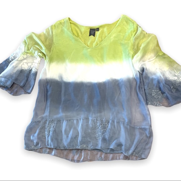 MODA SETA green blue white fully lined silky top Sz M - Picture 6 of 9